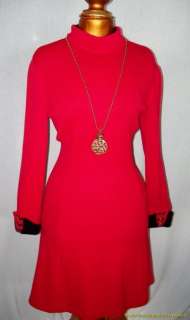 St. John by Marie Gray Dress 8 Red Black Trim Santana Knit Cuffs Gold 