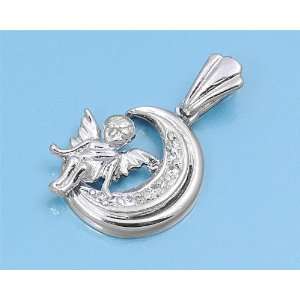  Cupid on the Moon Pendant with Clear CZ   Sterling Silver 