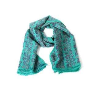 Green with Blue Floral Pattern Kantha Silk Scarf (Red and 