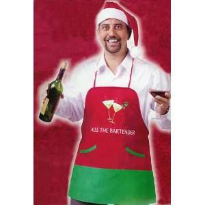  Fun & Festive Kiss The Bartender Adult Christmas Apron & Hat 