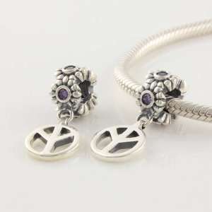  Silver Ring Shape Purple Cz Dangle with Peace Sign for Pandora 