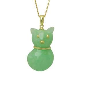   Sterling Silver Green Jade Kitty Cat Pendant on Chain, 18 Jewelry