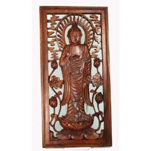  Wood Carved Standing Buddha Wall Hanging