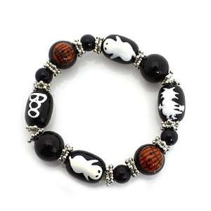 Halloween Theme Bracelet; Silver Metal with Black Beads; Ghost 