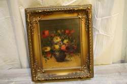 Vintage Oil Painting Fresh Floral Bouquet Orange Yellow Reds Gilt Wood 