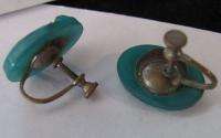 Vintage ART DECO earrings GREEN MOLDED GLASS rose  