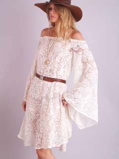   CROCHET Sheer Cutout Floral ANGEL SLV Hippie Wedding Mini DRESS  