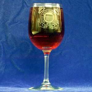 Custom Etched US Coast Guard Emblem on 13 Oz White Wine Glasses Set of 