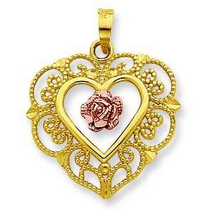  14K Rose and Yellow Gold Pink Rose and Lace Trim Heart 
