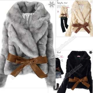   Fur Rabbit Hair Coat Jacket Fluffy Warm Short Outwear Belted  