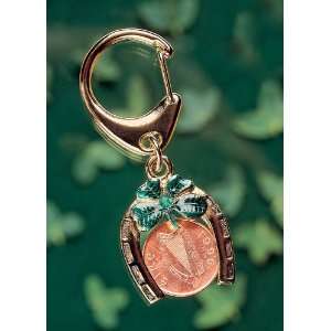 Horseshoe Lotto Scratcher Coin Keychain with Irish Penny and Emerald 