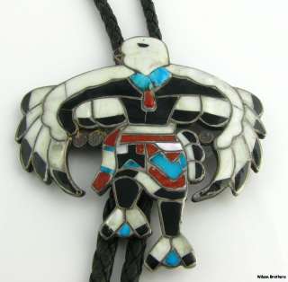   Zuni Large Eagle Dancer Multi Gem Inlay Bolo Tie   Silver & Leather A+