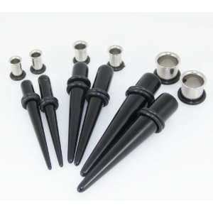 Gauges Kit 3 Pairs of Acrylic Black Tapers + 3 Pairs of Plugs Surgical 