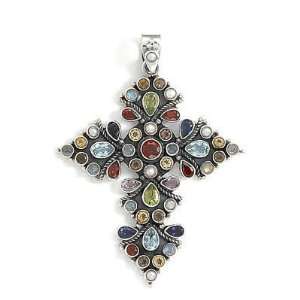  Oxidized Sterling Silver and Multishape Gemstone Cross 