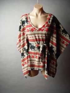  Country Pattern Tie Waist Poncho Pullover Jumper fp Sweater L  