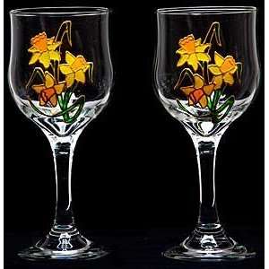 Celtic Glass Designs Set of 2 Hand Painted Wine Glasses in a Daffodil 