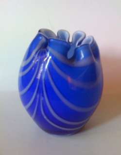 Vintage Rim Ruffled Blue Murano Art Glass Vase  