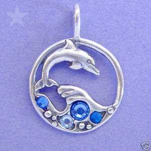 DOLPHIN WAVE BLUE CRYSTAL OCEAN Sterling Silver Pendant  