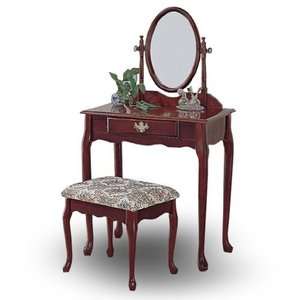 Cherry Finish Wood Vanity Table,Mirror&Stool/Bench Set  