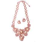 Viennois Rose Gold Lotus Leaf Pearl Crystal Drop Necklace Earring Set