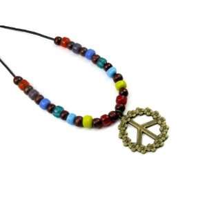 Floral Peace Sign Pewter Pendant on Adjustable Necklace, Accented with 