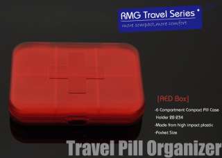 Travel Compact Pill Case Pill Box 6 Compartment RED  