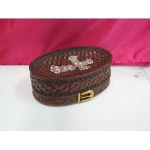  Soap Dish, Western Decor, Woven Leather Like Material, Silver Cross 
