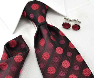 Handmade Jacquard Woven silk Mens Tie Polka Dots Necktie set Cufflinks 