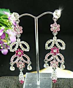 Beautiful Pink & Clear Swarovski Crystals Dangle Earrings E426  