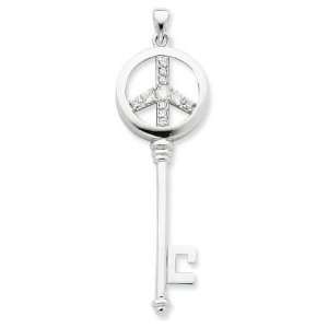  Sterling Silver CZ Large Peace Sign Key Pendant Jewelry