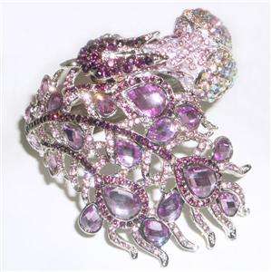 Big Peacock Bird Bracelet Cuff Purple Swarovski Crystal  