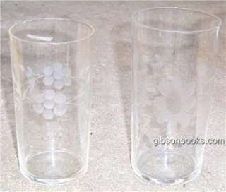 Two Vintage Floral Etched Clear Drinking Glasses  