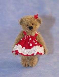   LAVINIA A GOLD MOHAIR MINIATURE BEAR IN CHEERY RED DRESS VALENTINE