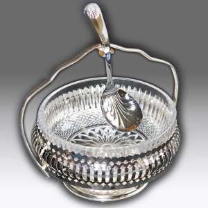 MAYELL QUEEN ANNE SILVER PLATED STAND W/GLASS INSERT DISH & SPOON 