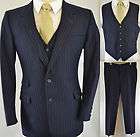 Mens Navy Blue Pinstripe 2 Button 100% Wool 3 Piece Suit (42R) w 