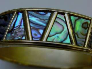 Abalone Mosaic Hinged Bangle Cuff Bracelet Gold Tone  