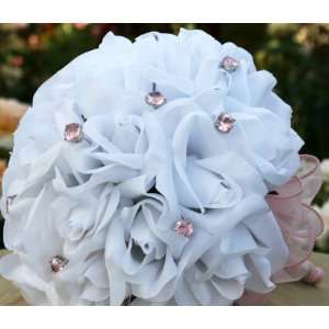 White Roses 2 Dozen, 12 Pink Jewels, Pink Ribbon   Wedding Bouquet