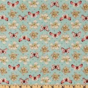 44 Wide Love & Kisses Tossed Floral & Butterflies Aqua Fabric By The 