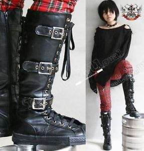 ROCK STAR EMO BUCKLE UP knee hi boots 4/4.5 LEATHER 35  
