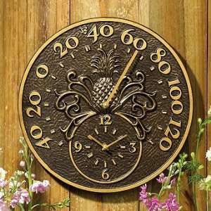  Pineapple Outdoor Clock with Thermometer   Off White Brown 