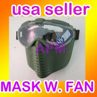 Tactical Airsoft Pro Goggle Full Face Mask w Fan GRN OD  