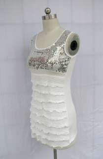 BL539 WHITE STRETCHY SEQUIN LAYERED LACE TANK TOP S  
