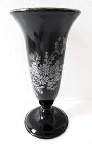 Vintage 6 Inch Small Black Glass Fluted Vase Footed with Silver/White 
