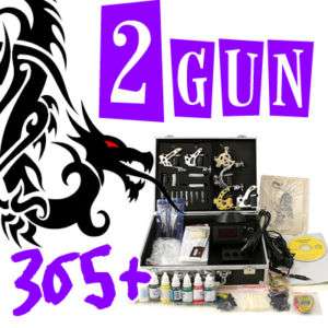 TOP New 2 Tattoo Machine Gun Kit Set Power Supply 365+  
