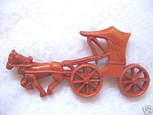 VINTAGE FIGURAL CELLULOID HORSE DRAWN CARRIAGE PIN  
