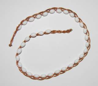   WHITE GLASS BEAD COPPER BRAIDED NECKLACE BEAD STRAND OLD  