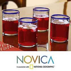 Set of 4 Blown Glass Blues Juice Glasses (Guatemala)  