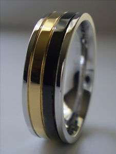 Mens Gold & Black Stainless Steel Ring Band Size 15  