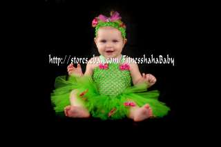 tutu dress headband hair bow green with hot pink bow, newborn  1T 2T 