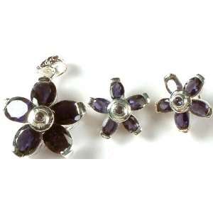  Faceted Iolite Flower Pendant with Earrings Set   Sterling 